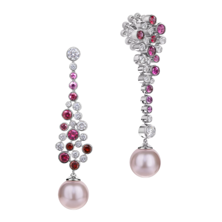 Пусеты с бриллиантами, розовыми сапфирами и рубинами, жемчуг культивированный, белое золото 1