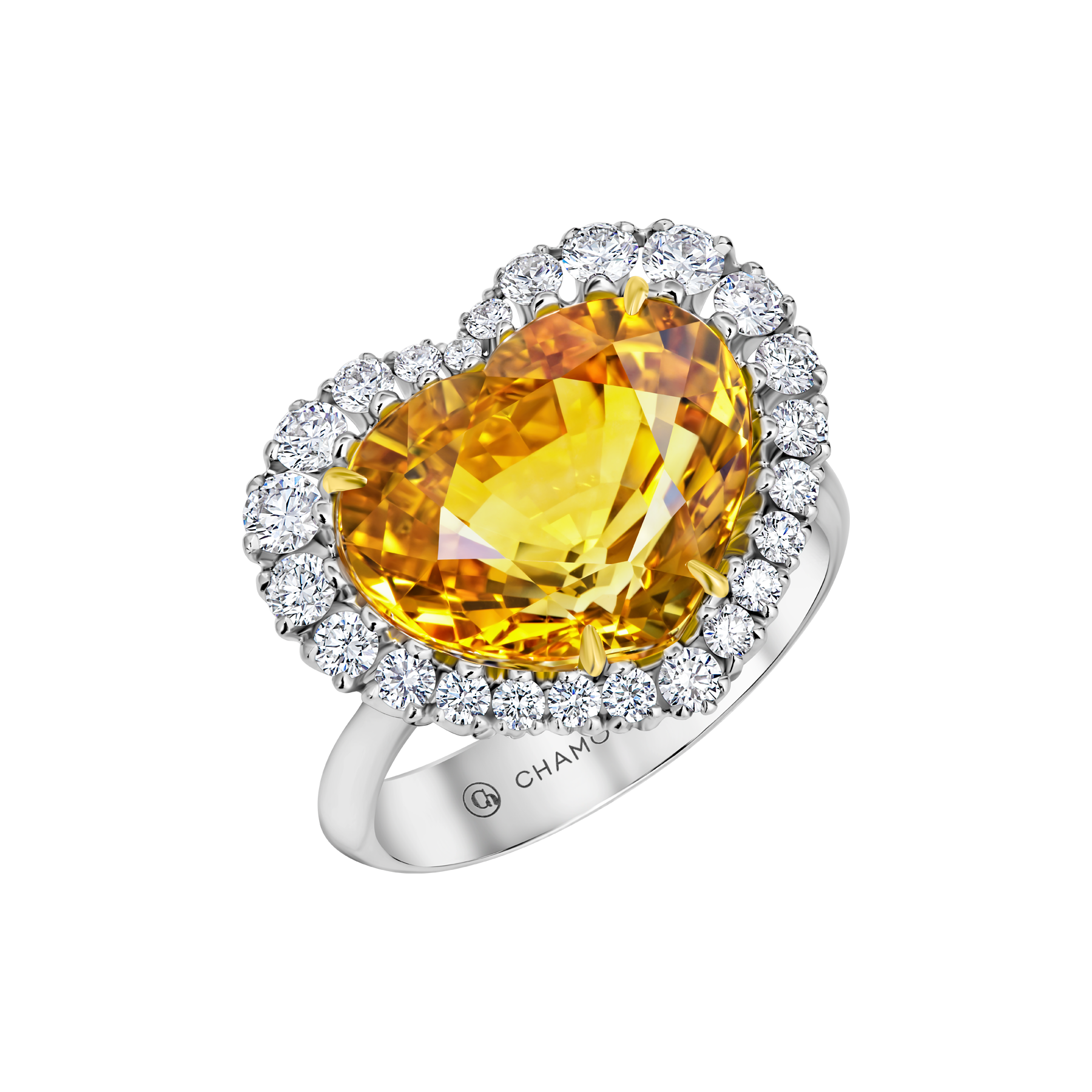 Кольцо с желтым сапфиром и бриллиантами, белое золото