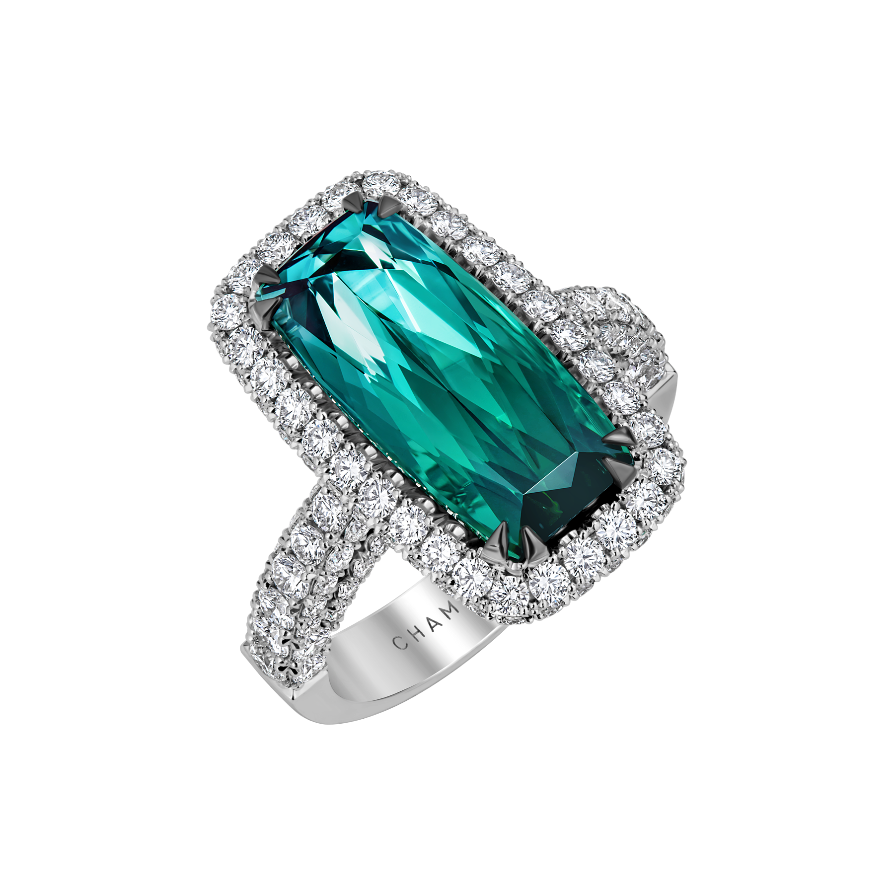 Кольцо с турмалином индиголитом и бриллиантами, белое золото