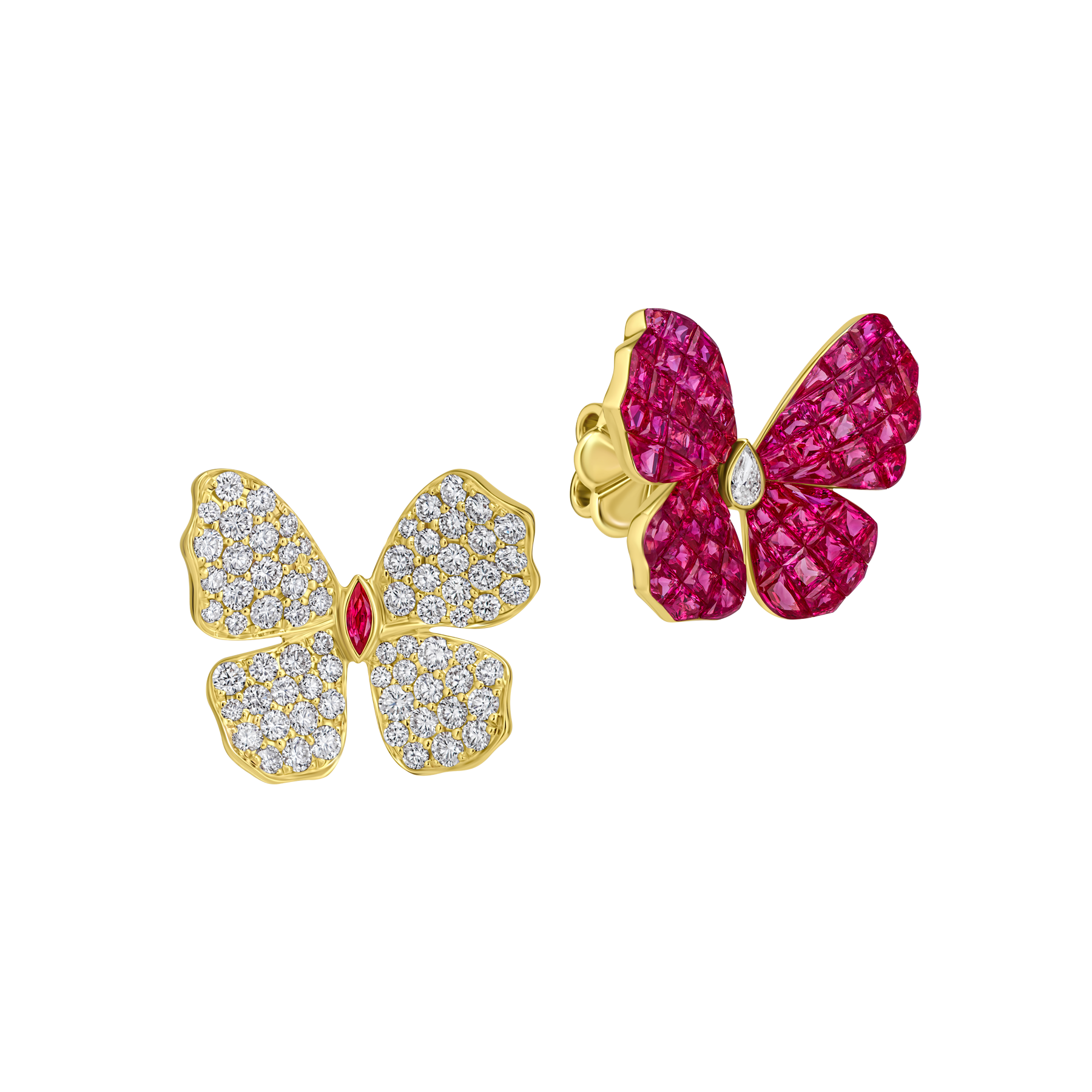 Серьги пусеты с рубинами и бриллиантами, желтое золото