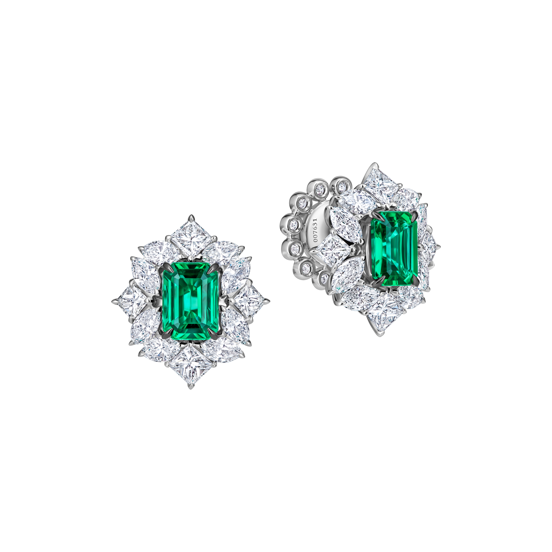 Пусеты с изумрудами и бриллиантами, белое золото