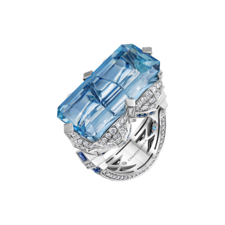 Кольцо с аквамарином, сапфирами, бриллиантами и жемчугом, белое золото 4