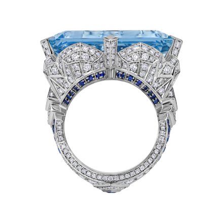 Кольцо с аквамарином, сапфирами, бриллиантами и жемчугом, белое золото 6