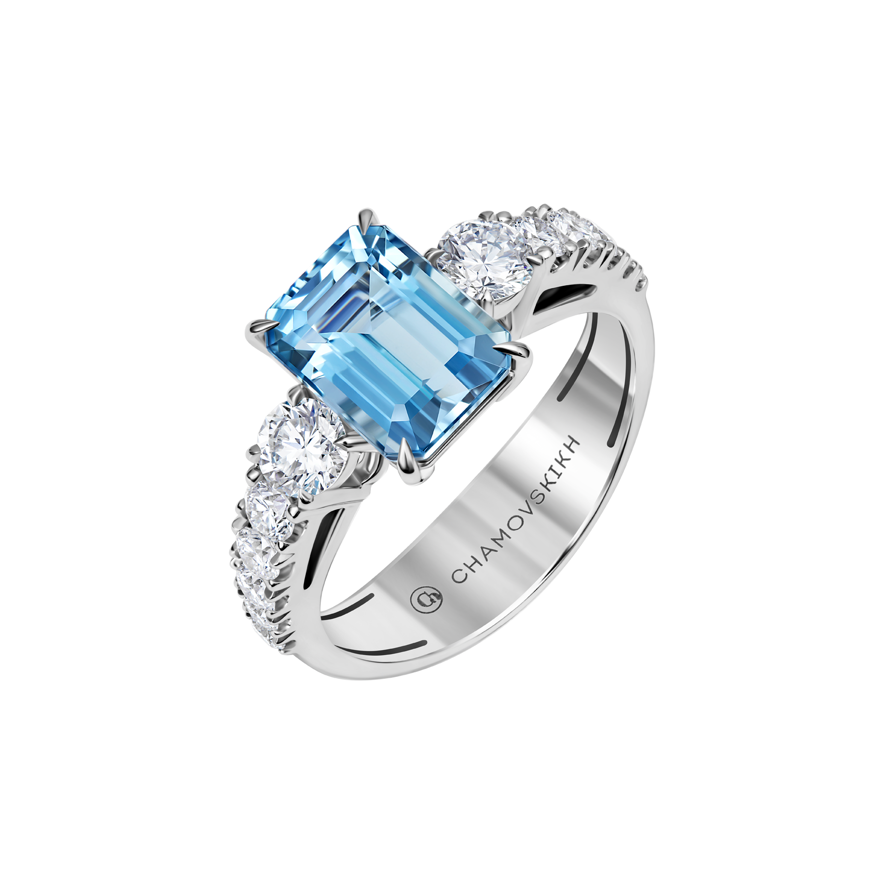 Кольцо с аквамарином и бриллиантами, белое золото