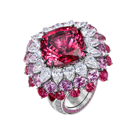 Кольцо с турмалином рубеллитом, рубинами, розовыми сапфирами и бриллиантами, белое золото 1