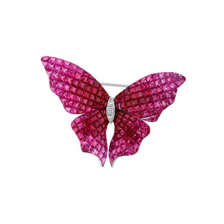 Брошь с рубинами, розовыми сапфирами и бриллиантами, белое золото 1