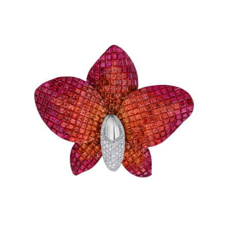 Брошь с рубинами, оранжевыми сапфирами и бриллиантами, белое золото 1