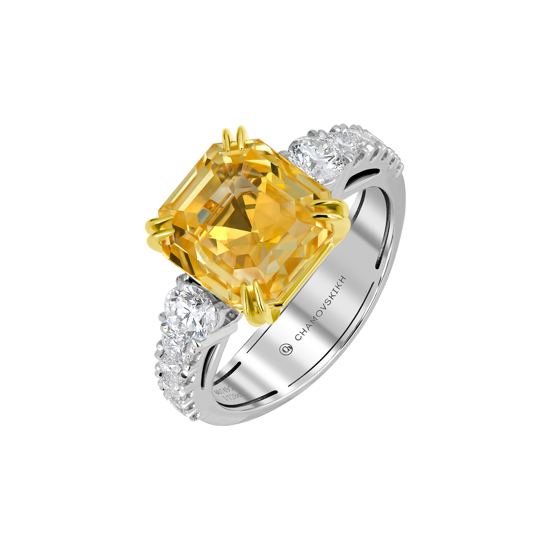Кольцо с желтым сапфиром и бриллиантами, белое золото