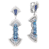 Серьги с аквамаринами, бриллиантами, сапфирами и жемчугом, белое золото, н.керамика