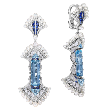 Серьги с аквамаринами, бриллиантами, сапфирами и жемчугом, белое золото, н.керамика 1
