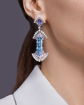 Серьги с аквамаринами, бриллиантами, сапфирами и жемчугом, белое золото, н.керамика 2