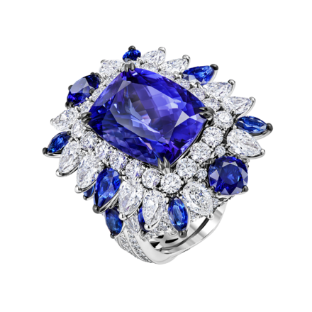 Кольцо с танзанитом, бриллиантами и сапфирами, белое золото 1