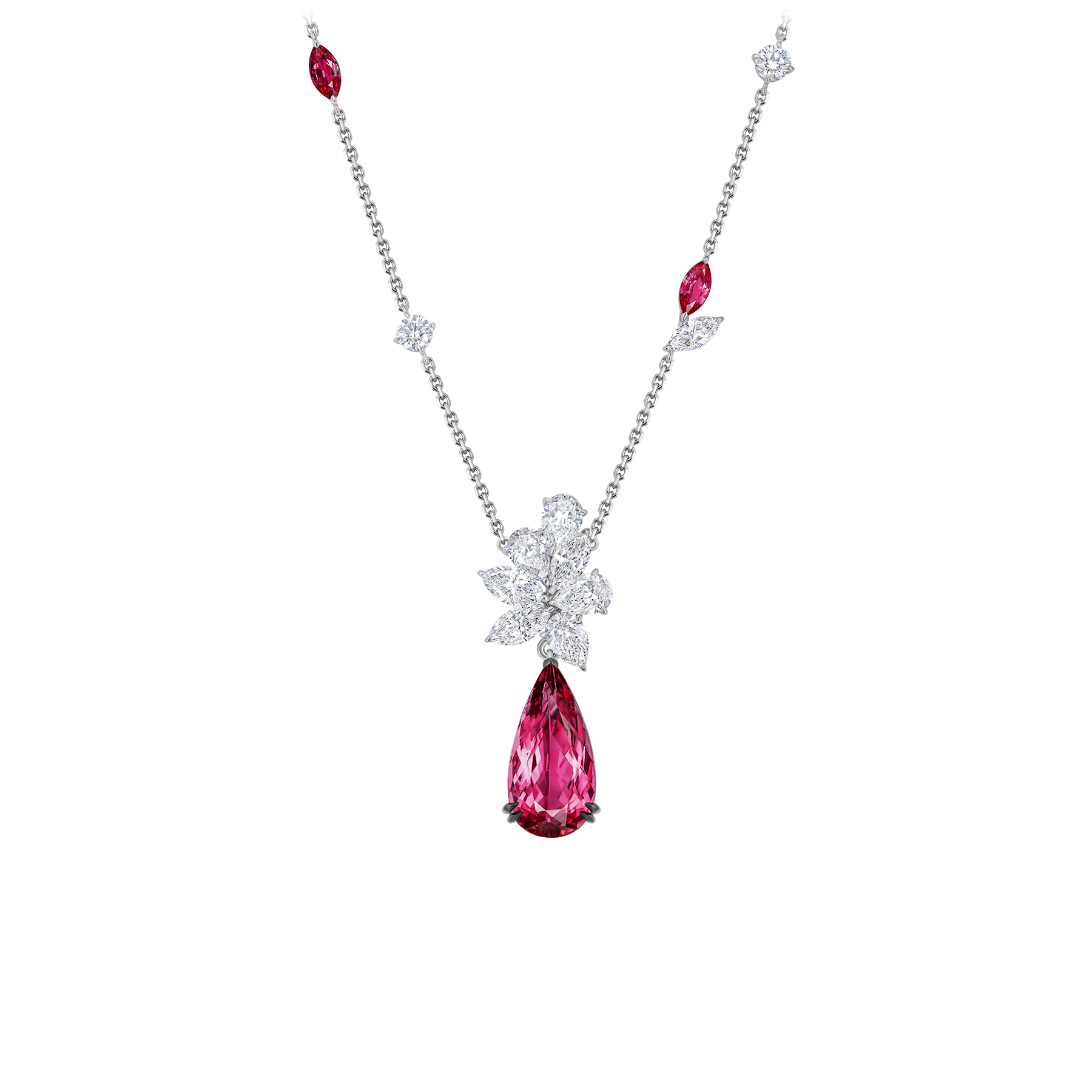 Колье с турмалинами рубеллитами, рубинами и бриллиантами, белое золото