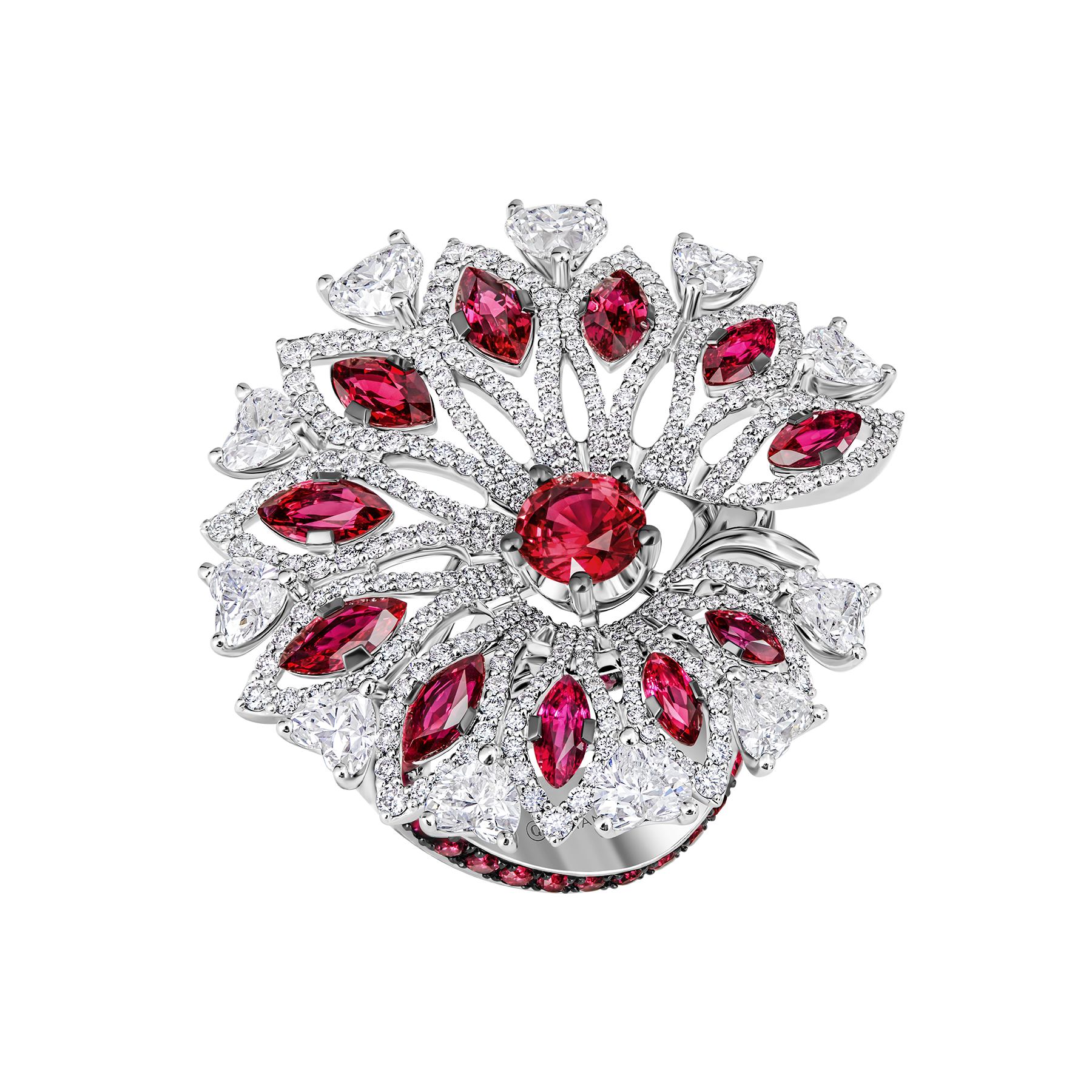 Кольцо с рубинами и бриллиантами, белое золото