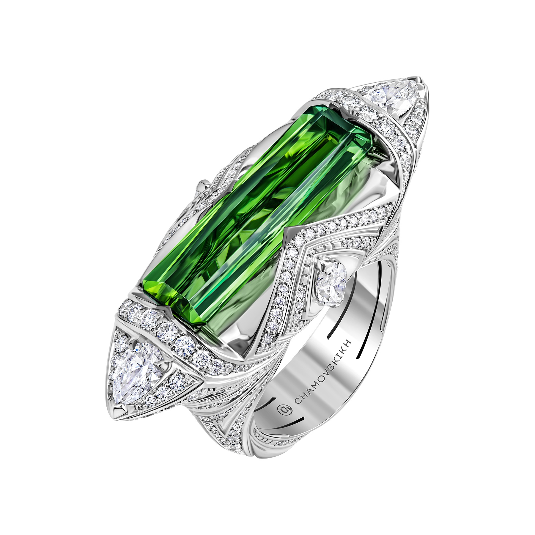 Кольцо с турмалином верделитом и бриллиантами, белое золото