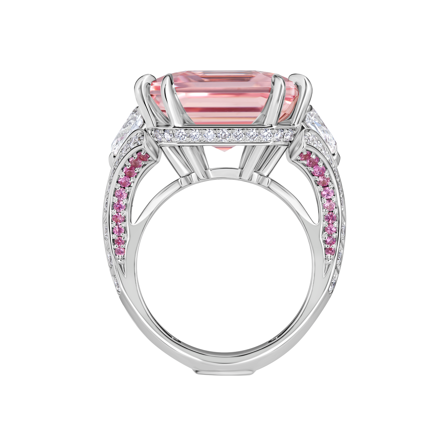 Кольцо с морганитом, розовыми сапфирами и бриллиантами, белое золото