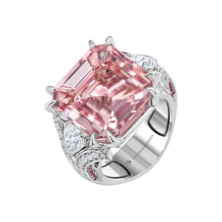 Кольцо с морганитом, розовыми сапфирами и бриллиантами, белое золото 1